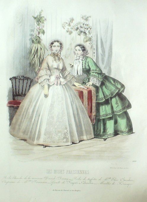 Gravure Les Modes Parisiennes 1850 # 600 Robes velours Maison Deray