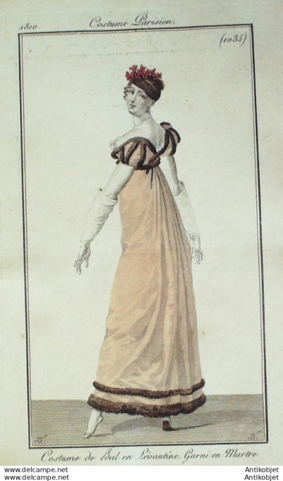 Gravure de mode Costume Parisien 1810 n°1035 Costume de bal en Lévantine