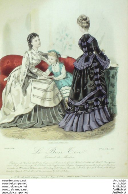 Gravure Mode Le Bon Ton 1873 # 66 (aquarelle old fashion plate)