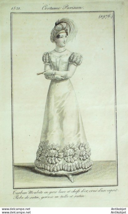 Gravure de mode Costume Parisien 1821 n°1976 Robe de satin granie de tull