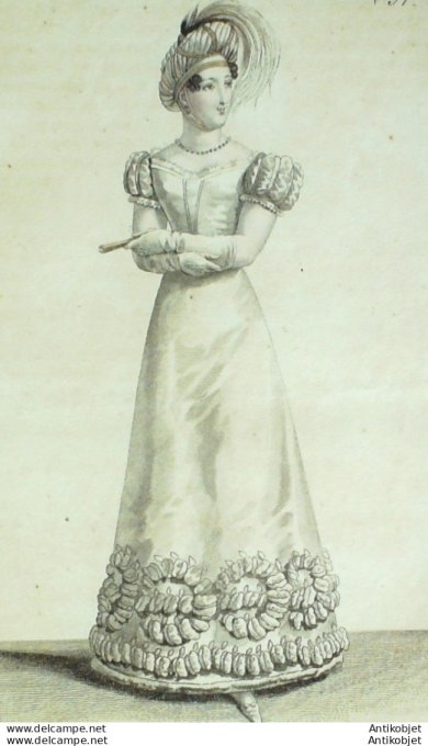 Gravure de mode Costume Parisien 1821 n°1976 Robe de satin granie de tull