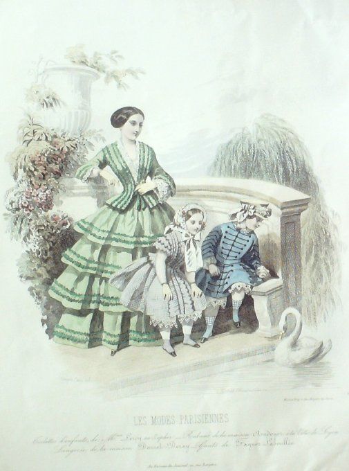 Gravure Les Modes Parisiennes 1850 # 601 Costumes enfants Maison Leroy
