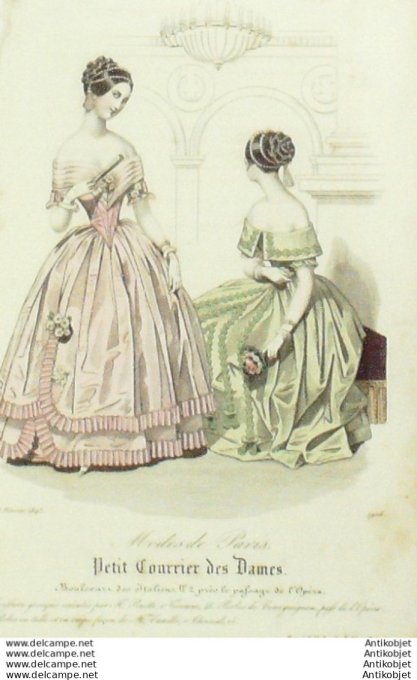 Gravure Mode Courrier des Dames 1843 # 1906 (eau forte old Fashion plate)