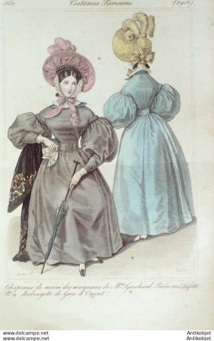 Gravure de mode Costume Parisien 1831 n°2918 Redingote de gros d'Orient chapeaux