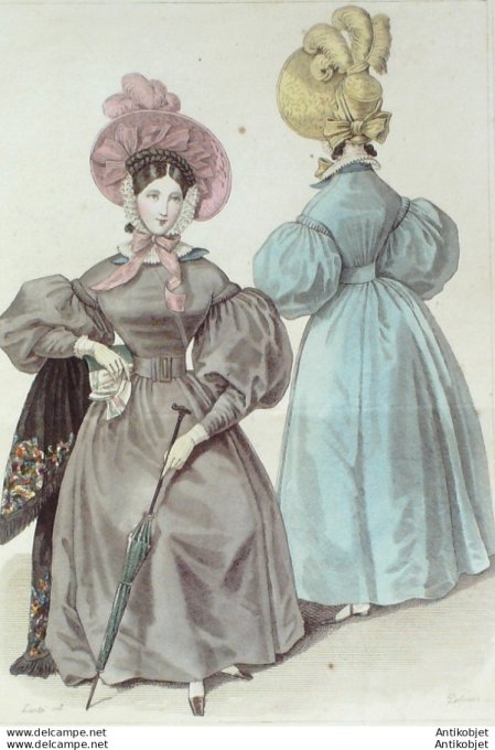Gravure de mode Costume Parisien 1831 n°2918 Redingote de gros d'Orient chapeaux