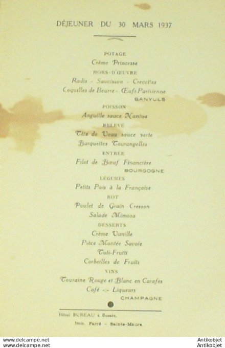 Menu illustré noce Hôtel Bureau à Bossée (37) 1937