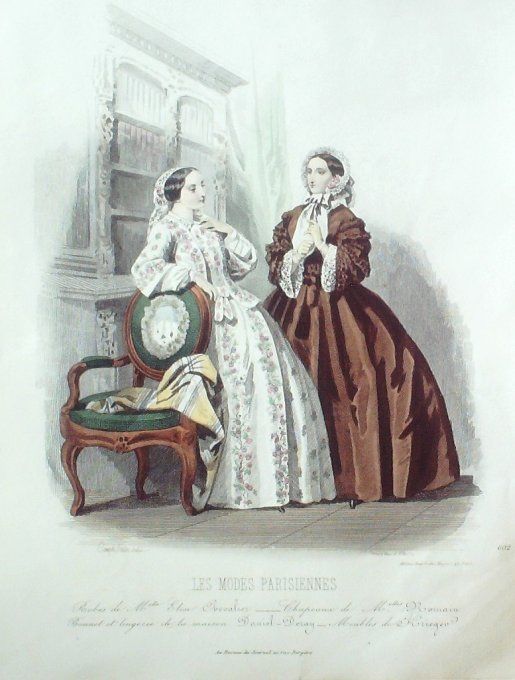 Gravure Les Modes Parisiennes 1850 # 602 Robes tissu Maison Chevalier