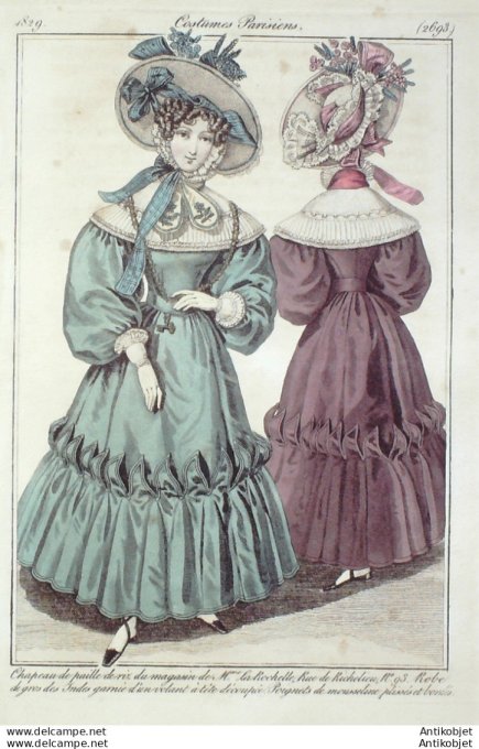 Gravure de mode Costume Parisien 1829 n°2693 Robe gros des Indes garnie