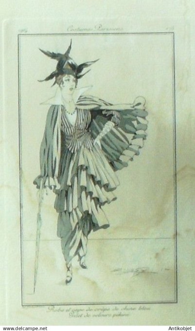 Gravure Costume Parisien 1914 #175b Bussy-(eau forte) Robe & Cape de crêpe