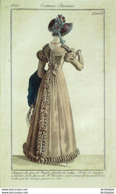 Gravure de mode Costume Parisien 1822 n°2105c Robe Barèges tablier rubans