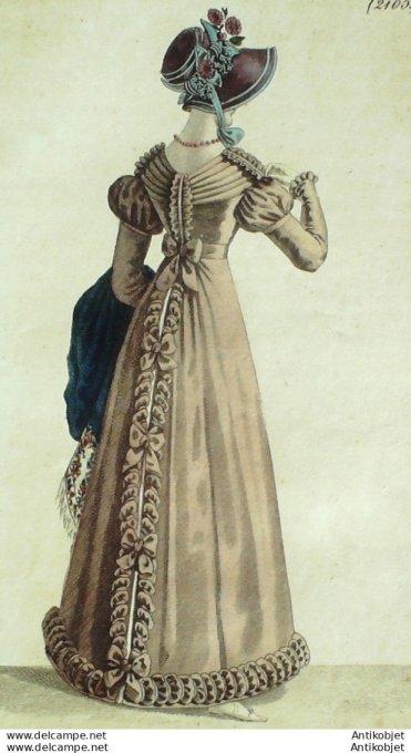 Gravure de mode Costume Parisien 1822 n°2105c Robe Barèges tablier rubans