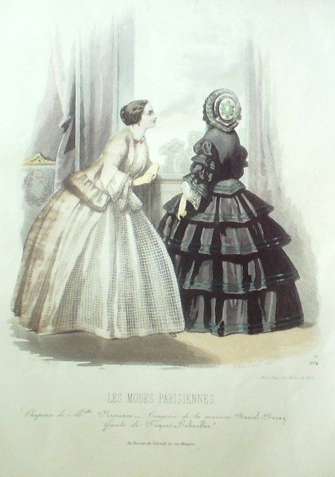 Gravure Les Modes Parisiennes 1850 # 604 Robes en gaze Maison Deray