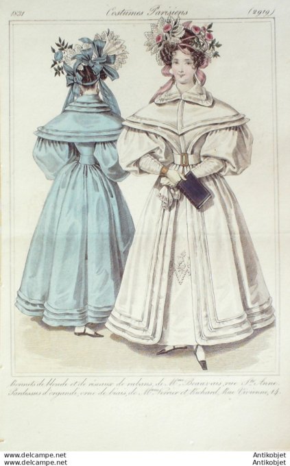 Gravure de mode Costume Parisien 1831 n°2919 Bonnets de blonde et de réseaux de rubans