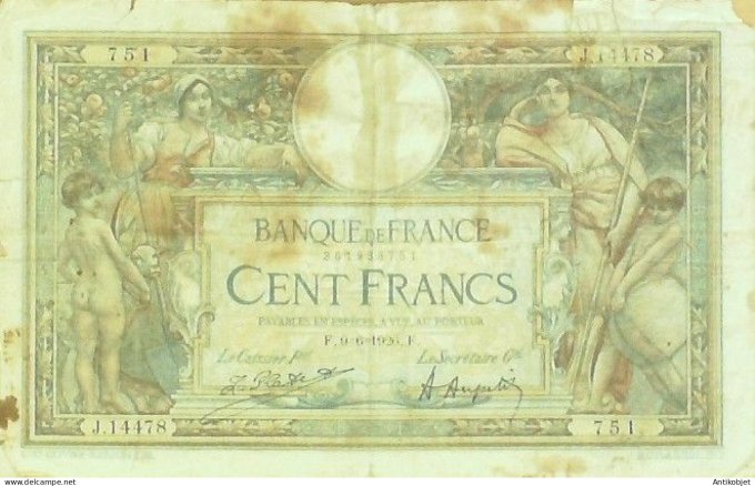 Billet Banque de France 100 francs Luc Olivier Merson Grands Cartouches F.9=6=1926 AB+