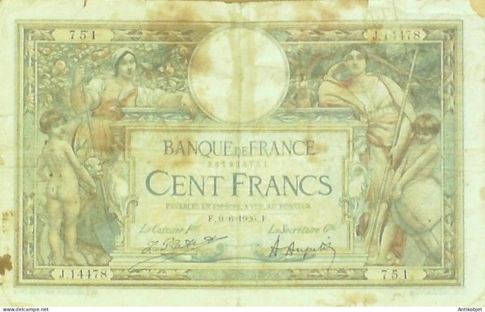 Billet Banque de France 100 francs Luc Olivier Merson Grands Cartouches F9=6=1926 AB+
