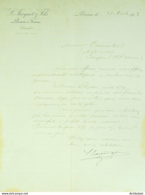 Lettre Ciale L.Jacquet fils (Vins bordelais) 1893 à Libourne (33)