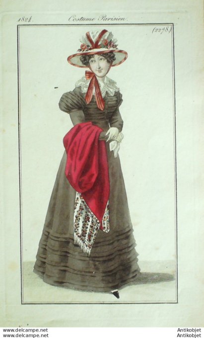 Gravure de mode Costume Parisien 1824 n°2278 Robe de tissu garnie