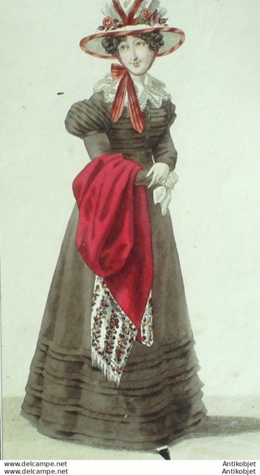 Gravure de mode Costume Parisien 1824 n°2278 Robe de tissu garnie