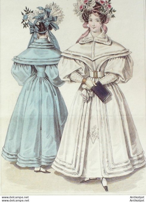 Gravure de mode Costume Parisien 1831 n°2919 Bonnets de blonde et de réseaux de rubans