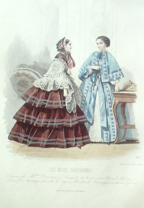 Gravure Les Modes Parisiennes 1850 # 605 Peignoir satin Maison Deray