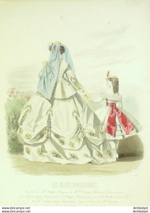 Gravure Les Modes Parisiennes 1865 #1171 Robes de cérémonie Maison Pieffort