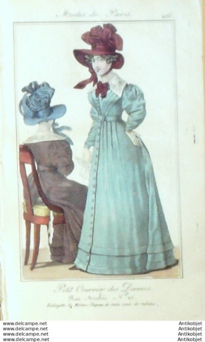 Gravure Mode Courrier des Dames 1825 #  266 (eau forte old Fashion plate)