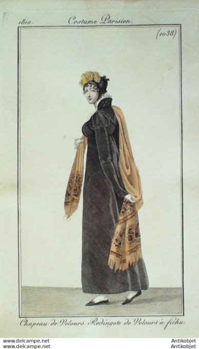 Gravure de mode Costume Parisien 1810 n°1038 Redingote  velours à fichu