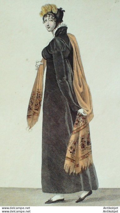 Gravure de mode Costume Parisien 1810 n°1038 Redingote  velours à fichu
