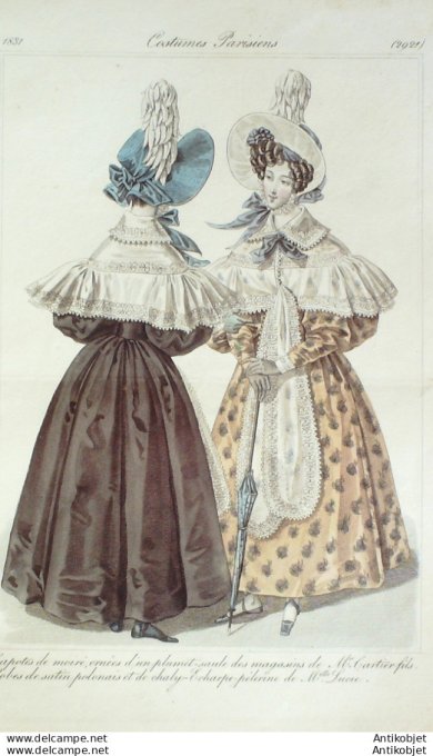 Gravure de mode Costume Parisien 1831 n°2921 Robes de satin polonais de Charly