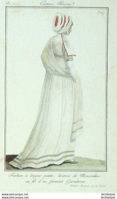 Gravure de mode Costume Parisien 1798 n° 70 (An 7) Lisières de mousseline