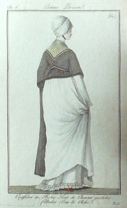 Gravure Mode Costume Parisien 1797 an  6 #  60 (eau forte old Fashion plate