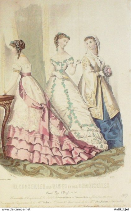 Gravure Mode Conseiller des Dames 1867 # 12 (aquarellee Old Fashion plate)