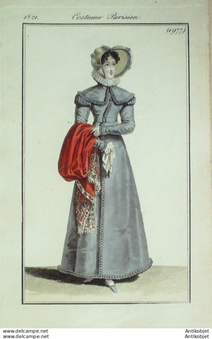 Gravure de mode Costume Parisien 1821 n°1977 Redingote de gros de Naples