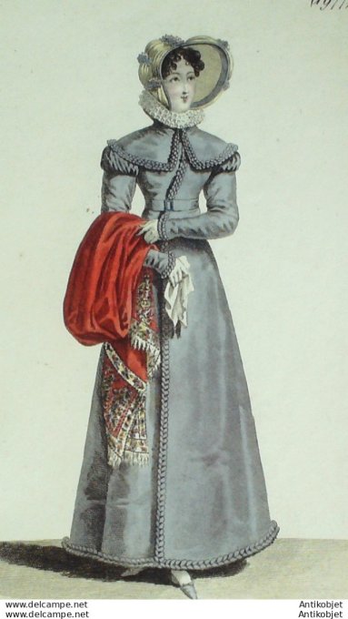 Gravure de mode Costume Parisien 1821 n°1977 Redingote de gros de Naples