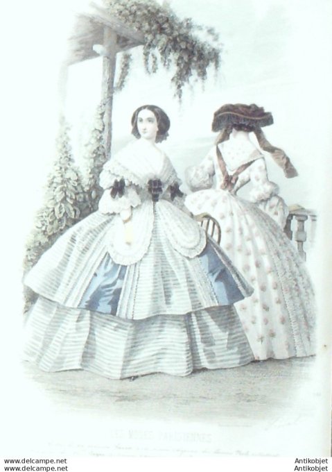 Gravure Les Modes Parisiennes 1856 # 755 Robes de taffetas Maison Fauvet