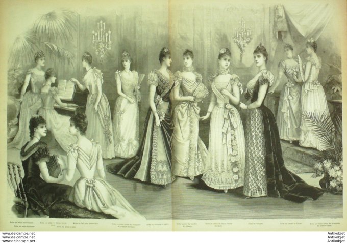 Gravure de mode La Mode illustrée (Maison Coussinet) Toilettes de bal