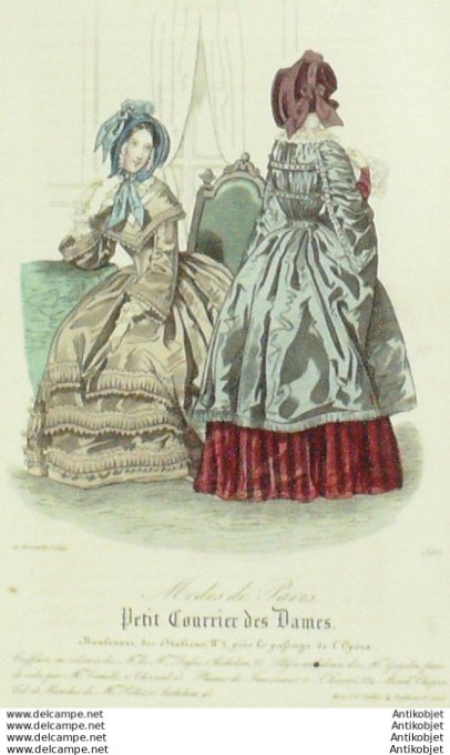 Gravure Mode Courrier des Dames 1842 # 1888 (eau forte old Fashion plate)