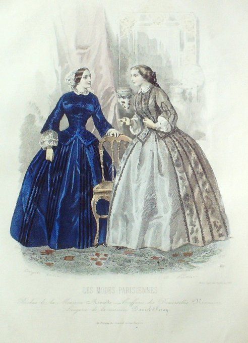 Gravure Les Modes Parisiennes 1851 # 611 Robes velours et satin 