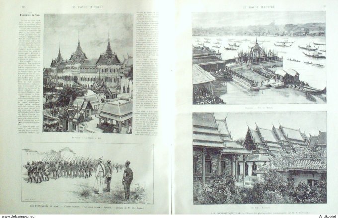 Le Monde illustré 1893 n°1896 Siam Roi Chulalongkorn & enfants Bangkok Menam Armée Siamoise Palais
