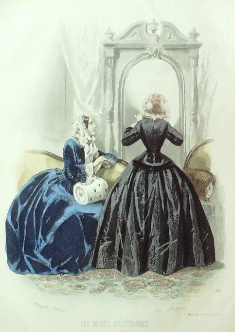 Gravure Les Modes Parisiennes 1851 # 612 Robes velours et satin