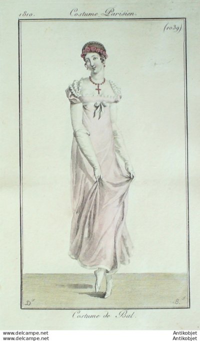 Gravure de mode Costume Parisien 1810 n°1039 Costume de bal