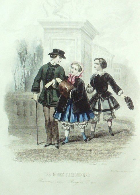 Gravure Les Modes Parisiennes 1851 # 613 Costumes enfants velours mantelets