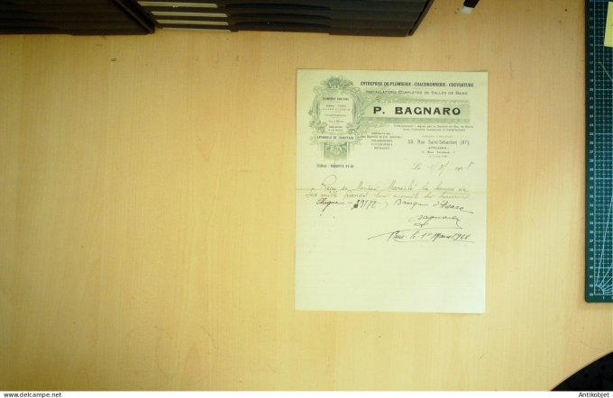 Facture P.Bagnaro (Plomberie Couverture) 1927 à Paris 11