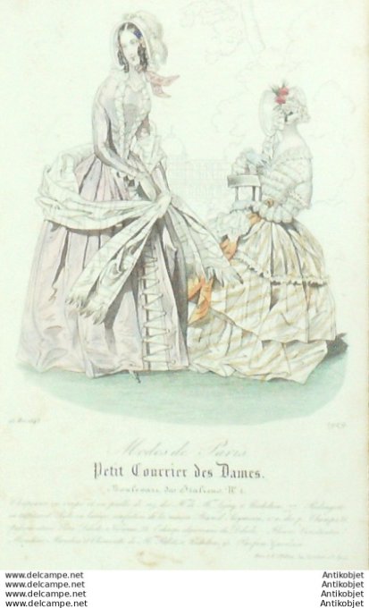 Gravure Mode Courrier des Dames 1843 # 1929 (eau forte old Fashion plate)