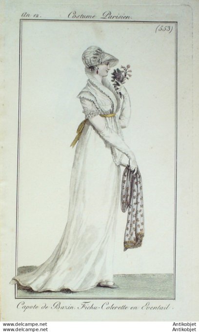 Gravure de mode Costume Parisien 1804 n° 553 (An 12) Colerette en éventail