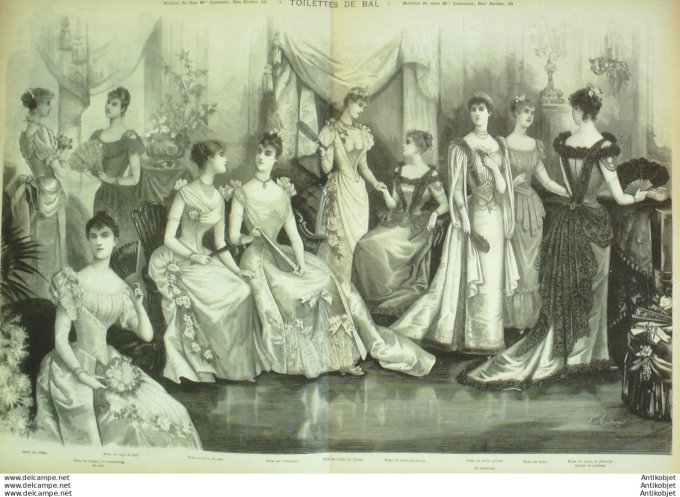 Gravure de mode La Mode illustrée (Maison Coussinet) Toilettes de bal