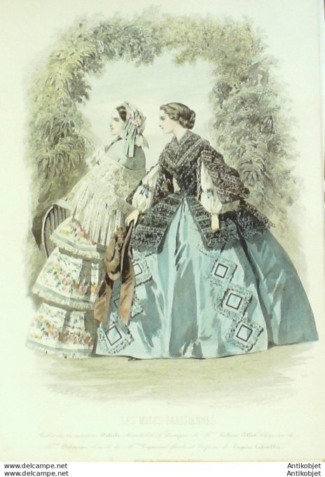 Gravure Les Modes Parisiennes 1857 # 757 Robes de gros de Naples Maison Delisle