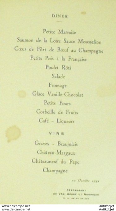Menu restaurant du vrai arbre de Robinson Plessis (92) 1931