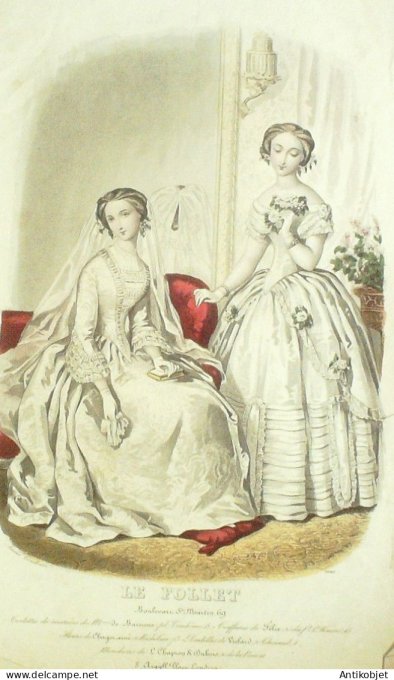 Gravure Mode Le Follet 1852 # 1640 (aquarelle Old Fashion plate)