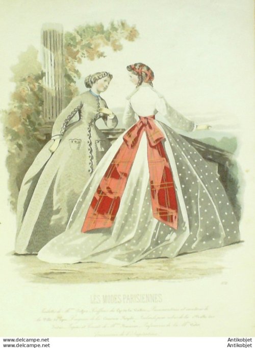Gravure Les Modes Parisiennes 1865 #1172 Robes tulle Maison Pieffort